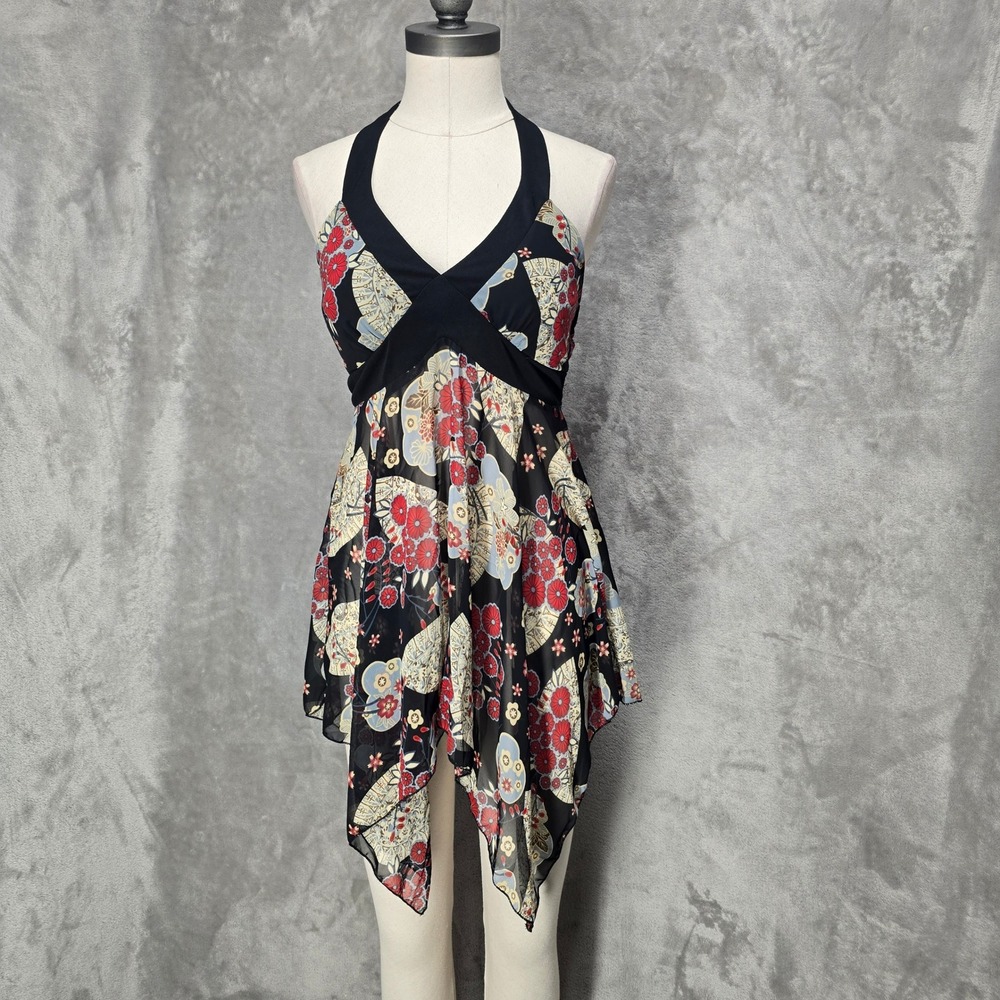 Y2K Whimsigoth Speechless Halter Top Women L Floral Sheer Handkerchief Hem Fairy